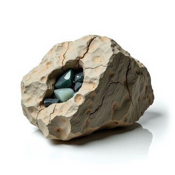 Large rough granite boulder with exposed mineral crystals isolated on white, unique geological stone formation
