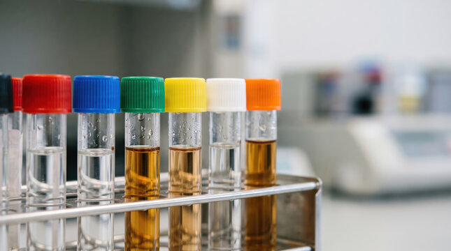 Close-up of a rack of sample tubes with coloured caps