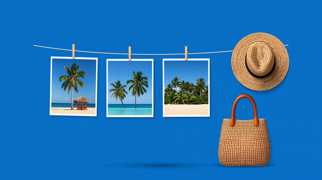 Tropical vacation planning objects arranged on blue background  