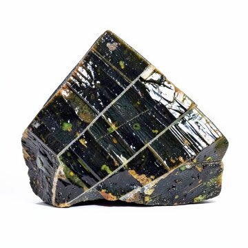Angular schist stone with shiny flaky mica layers isolated on white background, metamorphic rock texture, mineral specimen, geology detail