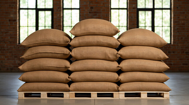 Stacked burlap sacks on wooden pallets in a brick warehouse  