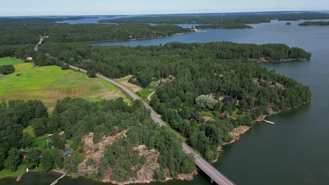 Biskops&ouml; bro bridge Finland archipelago aerial view serene landscape