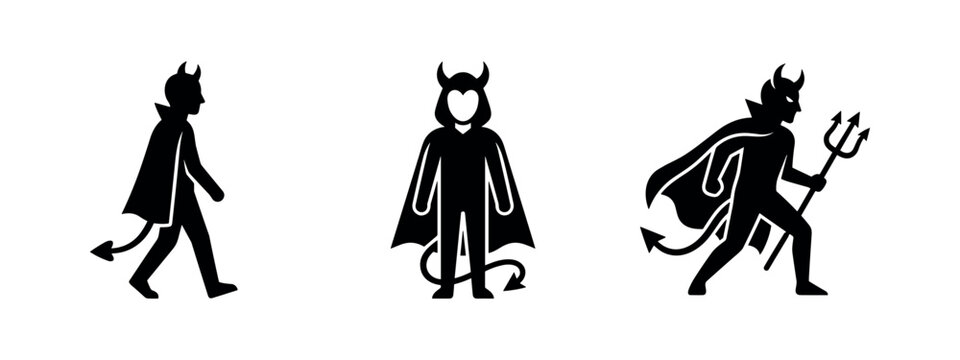 Demon and Devil Figure Silhouette Icons with Cape