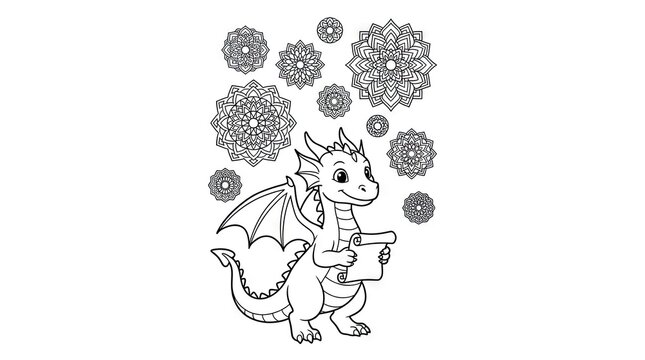 Baby dragon with scroll and mandala snowflake patterns.