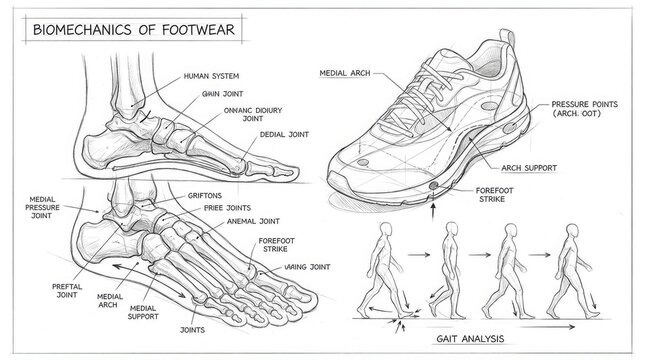 Biomechanics of footwear and foot anatomy diagram.