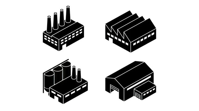 Black isometric silhouettes of industrial factories and warehouses.