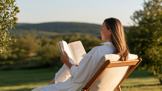 Young woman reading a book while relaxing on a lounge chair outdoors  
