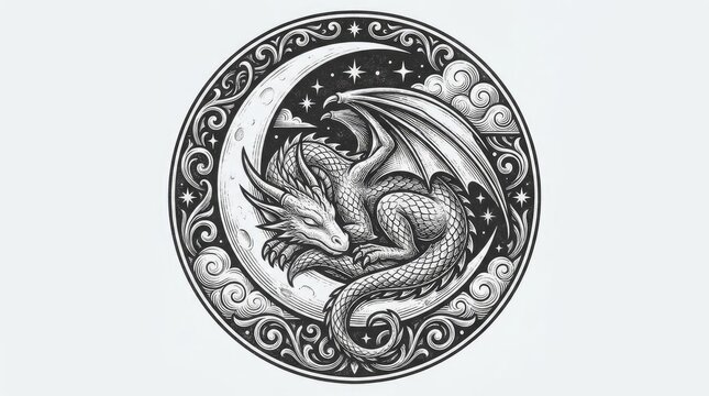 Circular monochrome illustration of dragon and crescent moon.