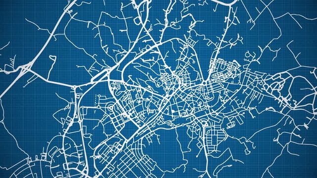 Ink reveal animation of Castelo Branco city, Portugal, grid map. Aerial top view. Blueprint style. White lines with blue background. 4K Seamless loop.
