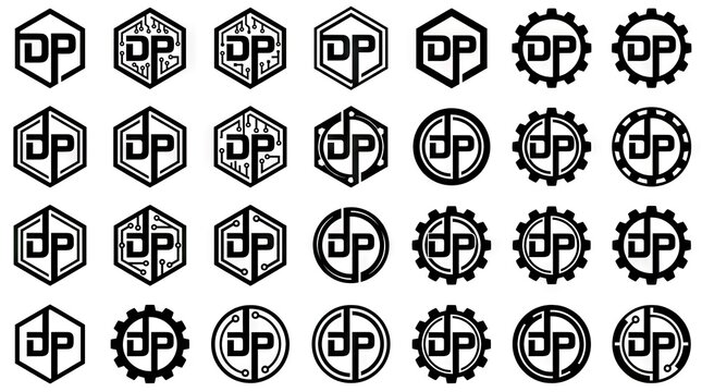 DP monogram logos with gears and hexagon frames.