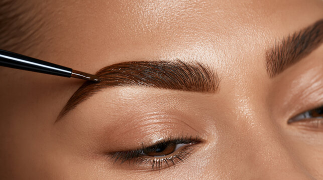 Closeup of woman grooming eyebrow with tweezers on neutral background  