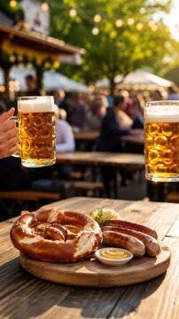 Two hands clink transparent handled mugs of golden beer with foamy heads, then pull them apart above a wooden table with pretzel and sausages in a sunlit outdoor gathering with blurred crowd