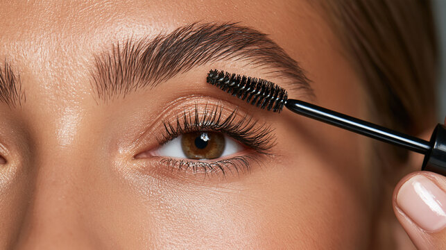 Woman applying eyebrow mascara close up on eye and brow  