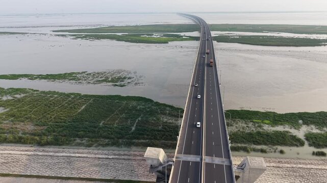 Aerial View of Traffic on Padma Multipurpose Bridge Across Padma River in Bangladesh