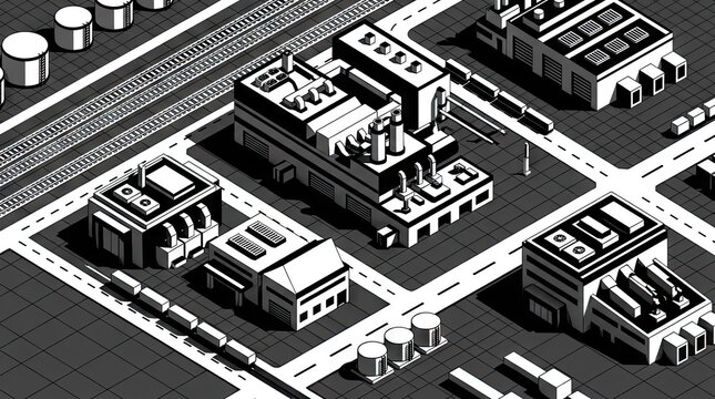 Isometric black and white industrial factory complex aerial view.