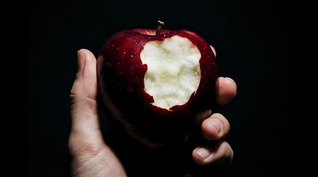 Dark red apple with large bite mark revealing white flesh, held in hand against black background