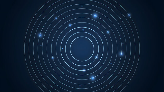 Abstract background, with concentric white, circles and glowing, light particles on, a dark blue, gradient, representing radar, or sound waves