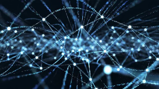 Abstract glowing network of interconnected nodes and lines pulsating with light on a dark background