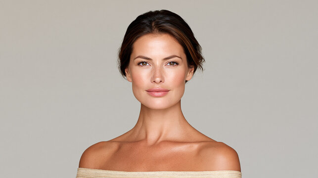 Young woman with bare shoulders looking at camera on gray background  