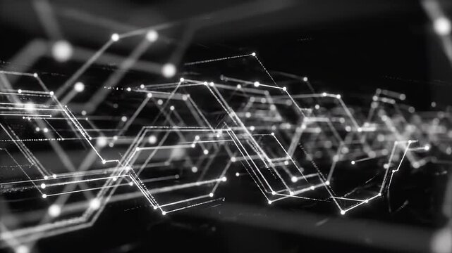 Abstract glowing network structure in motion with subtle camera pull against dark background