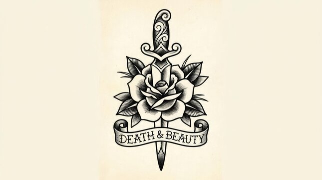 Traditional dagger and rose tattoo art with banner.