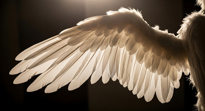 Close-up of white angel wings with soft backlighting