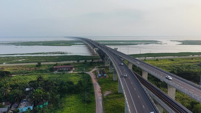 Aerial View of Padma Bridge Road and Railway Infrastructure Across Padma River in Bangladesh