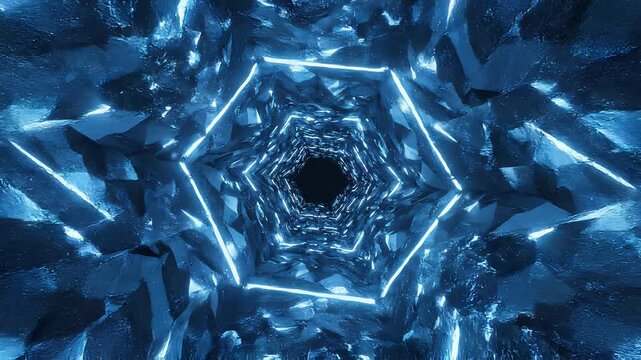 Abstract hexagonal tunnel with neon light and crystalline structures moving forward in cinematic motion