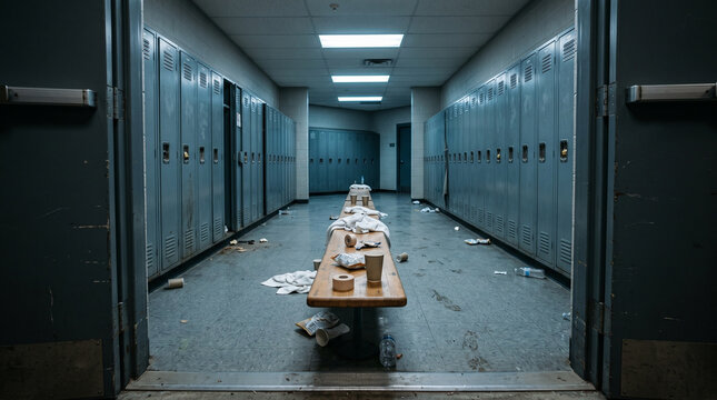 Messy and deserted gym locker room with trash scattered on the floor and wooden bench. Dirty athletic facility interior after a game