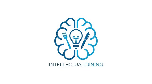 Minimalist intellectual dining logo with brain and utensils.