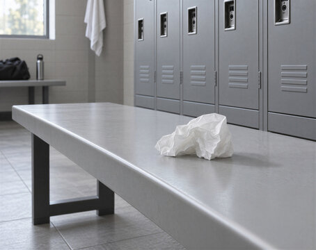 Crumpled paper towel left on a grey bench in a modern gym locker room. Discarded trash and littering concept. Copy space