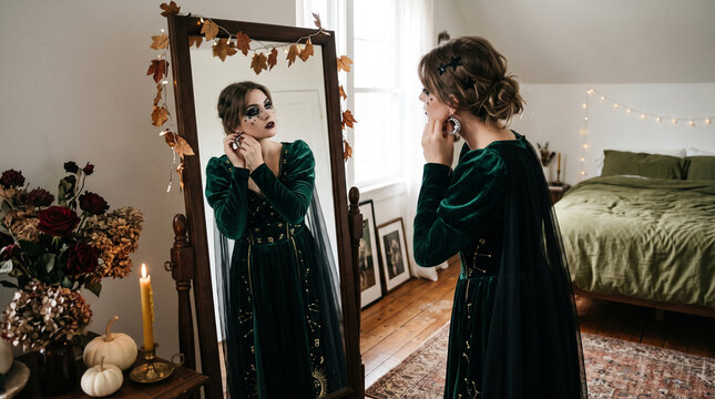 Woman in dark green dress looking at herself in ornate vintage full length mirror