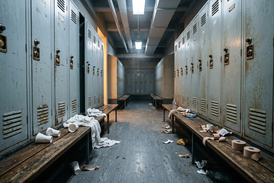 Messy and dirty locker room covered in trash. Old rusty metal lockers and wooden benches littered with towels cups and garbage