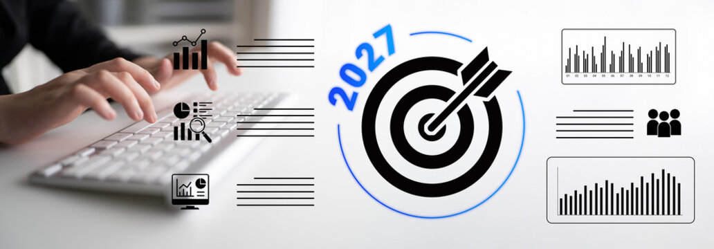 Business and Goal Setting Concept with Data Analysis Elements, Keyboard, and Target Symbol for Future Planning and Strategy in 2027. Glyphic.