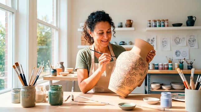 Small business owner at work. A female ceramicist applies intricate details to a large clay vase.