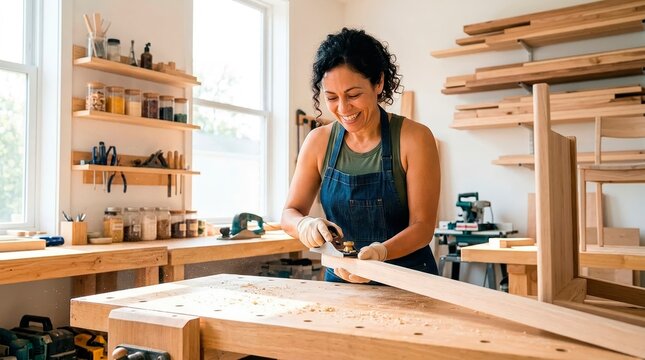 Small business owner at work. A female woodworker smooths the surface of fine custom furniture in her shop.