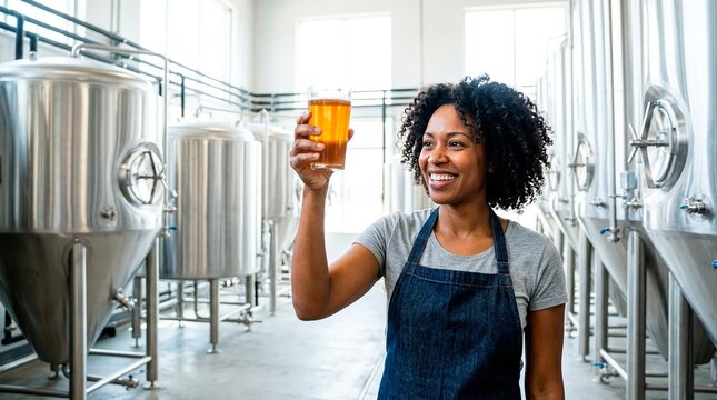 Small business owner at work. A female brewer inspects a glass of amber beer in a brewery.