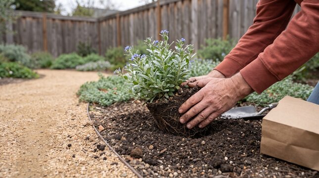 Hands planting native perennials beside a gravel path