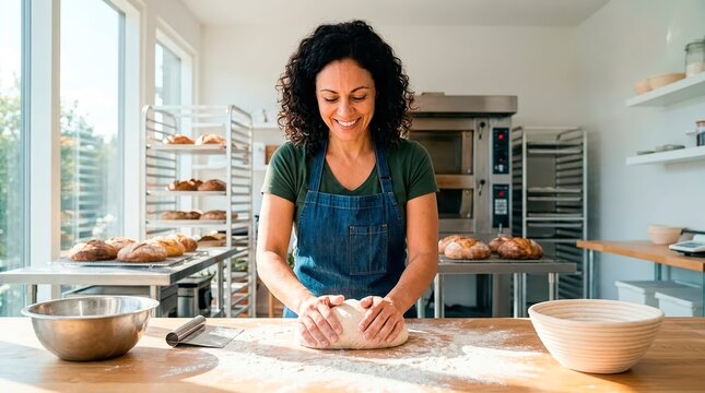Small business owner at work. A female baker joyfully prepares dough in her artisanal bakery.