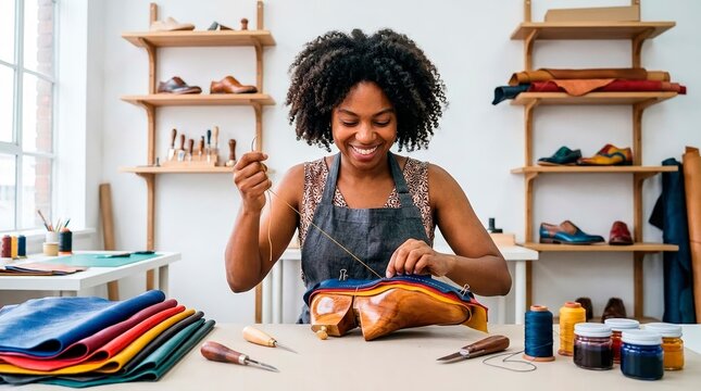 Small business owner at work. A craftswoman diligently sews leather pieces for custom shoes at her workbench.