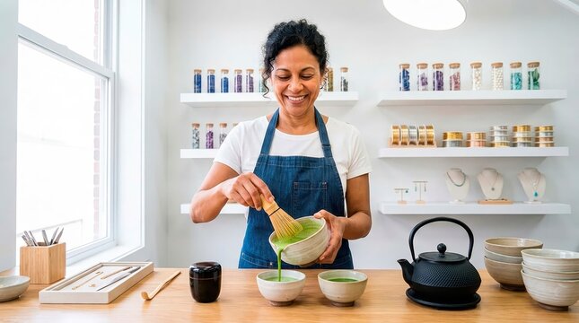 Small business owner at work. A tea sommelier pours freshly whisked green matcha into a traditional ceramic bowl.
