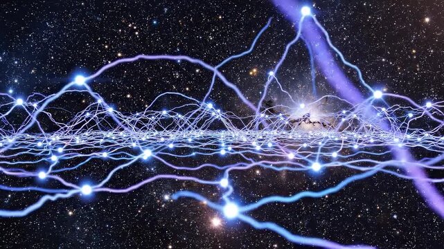 Cosmic nebulae with electric energy pathways in starry expanse during astronomical event