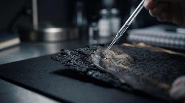 Forensic scientist examining and deciphering charred ancient manuscript text with a dropper in a dark laboratory