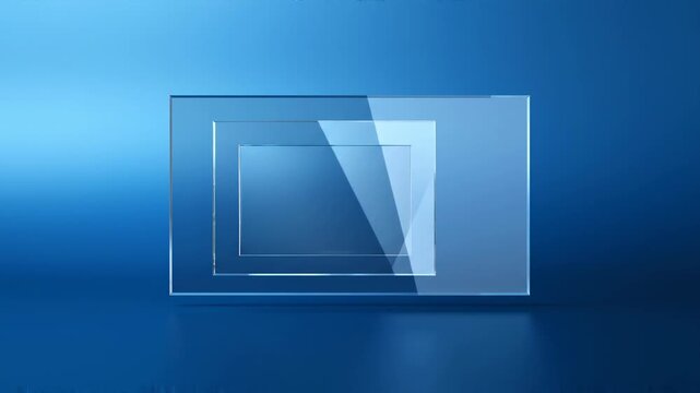 Clear glass rectangles glide smoothly on a blue gradient surface with soft studio lighting creating a modern abstract backdrop