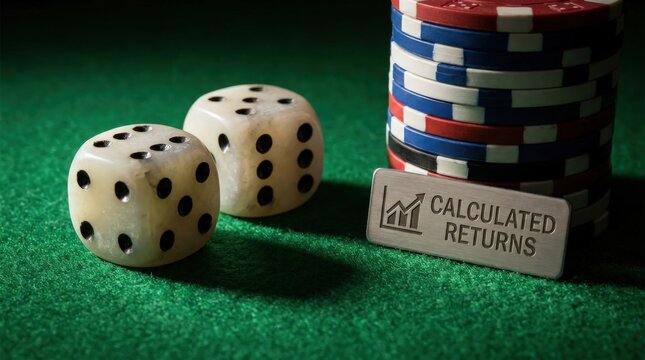 Casino dice beside poker chips and calculated returns sign on green felt table with dramatic lighting