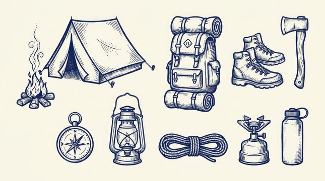 Hand-drawn blue sketch of camping and hiking equipment.