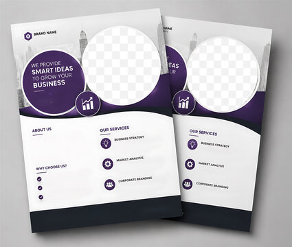 Modern business flyer template with purple accents, professional corporate brochure design, marketing leaflet with photo placeholders