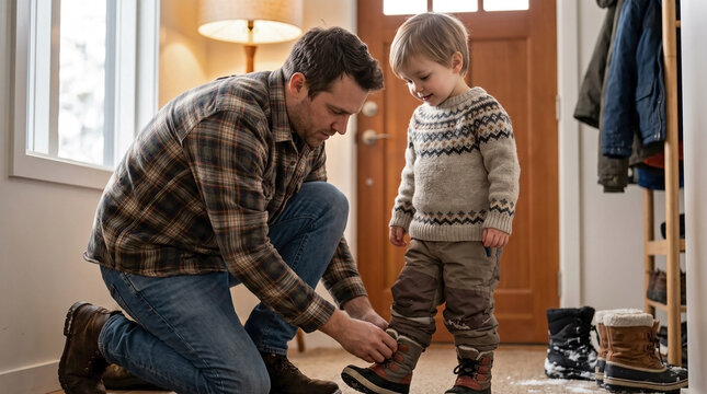 Caring father helping child put on warm winter boots near apartment doorway. Loving father helping child prepare for outdoor cold weather walk.