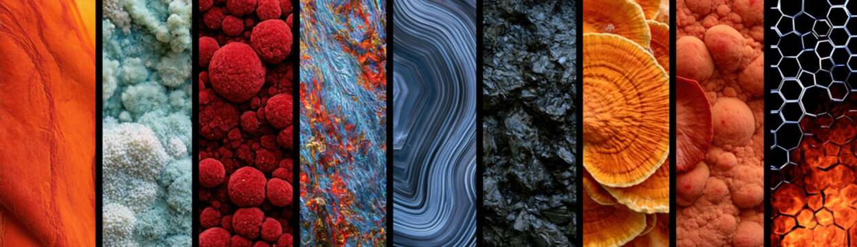 Natural Texture Macro Collage, a panoramic multi-panel arrangement showcases diverse organic patterns including crystalline structures, ripples, fungi, cracked earth, and mineral veins