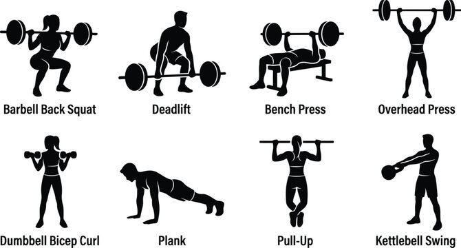 Fitness icons showing weightlifting exercises featuring black silhouettes of people performing barbell squat, deadlift, bench press, overhead press, bicep curl, plank, pull-up, and kettlebell swing